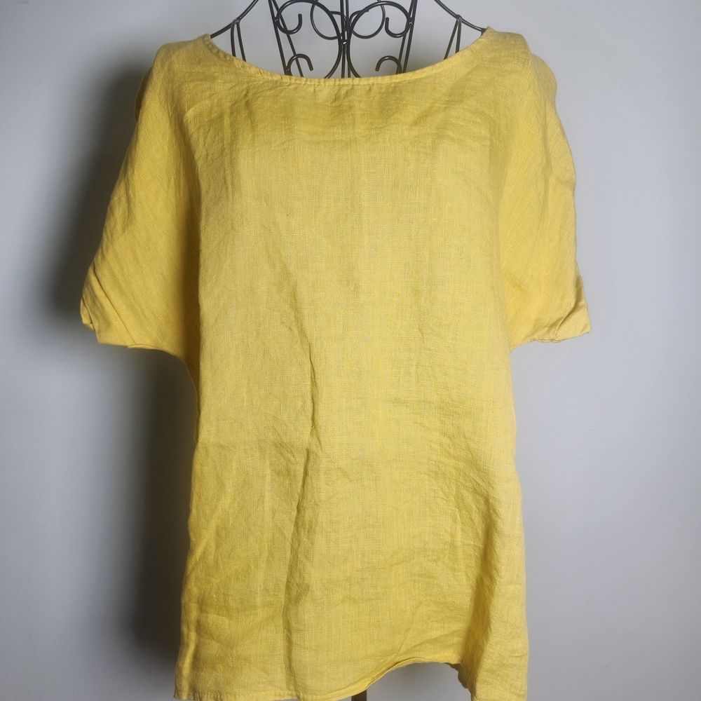 100% Linen Yellow Top Medium Lightweight Summer Blouse